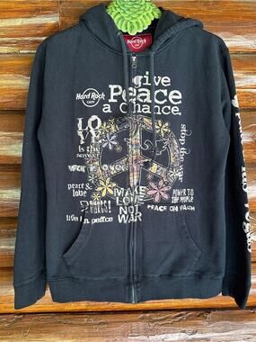 Hard Rock Cafe Black Peace Sign Floral Zip Hoodie